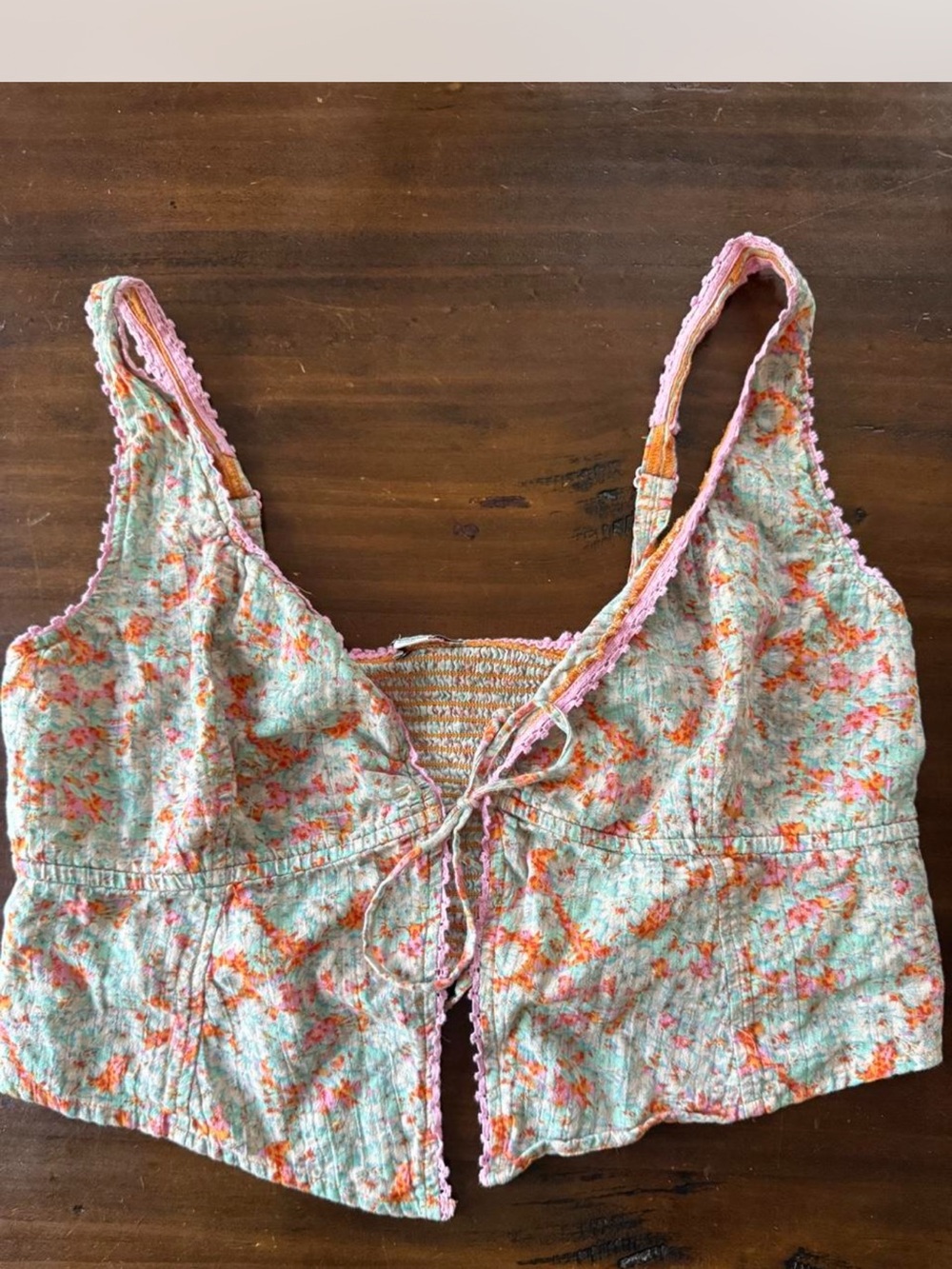 American Eagle Outfitters Mint Floral Tie-Front Crop Top with Orange Accents